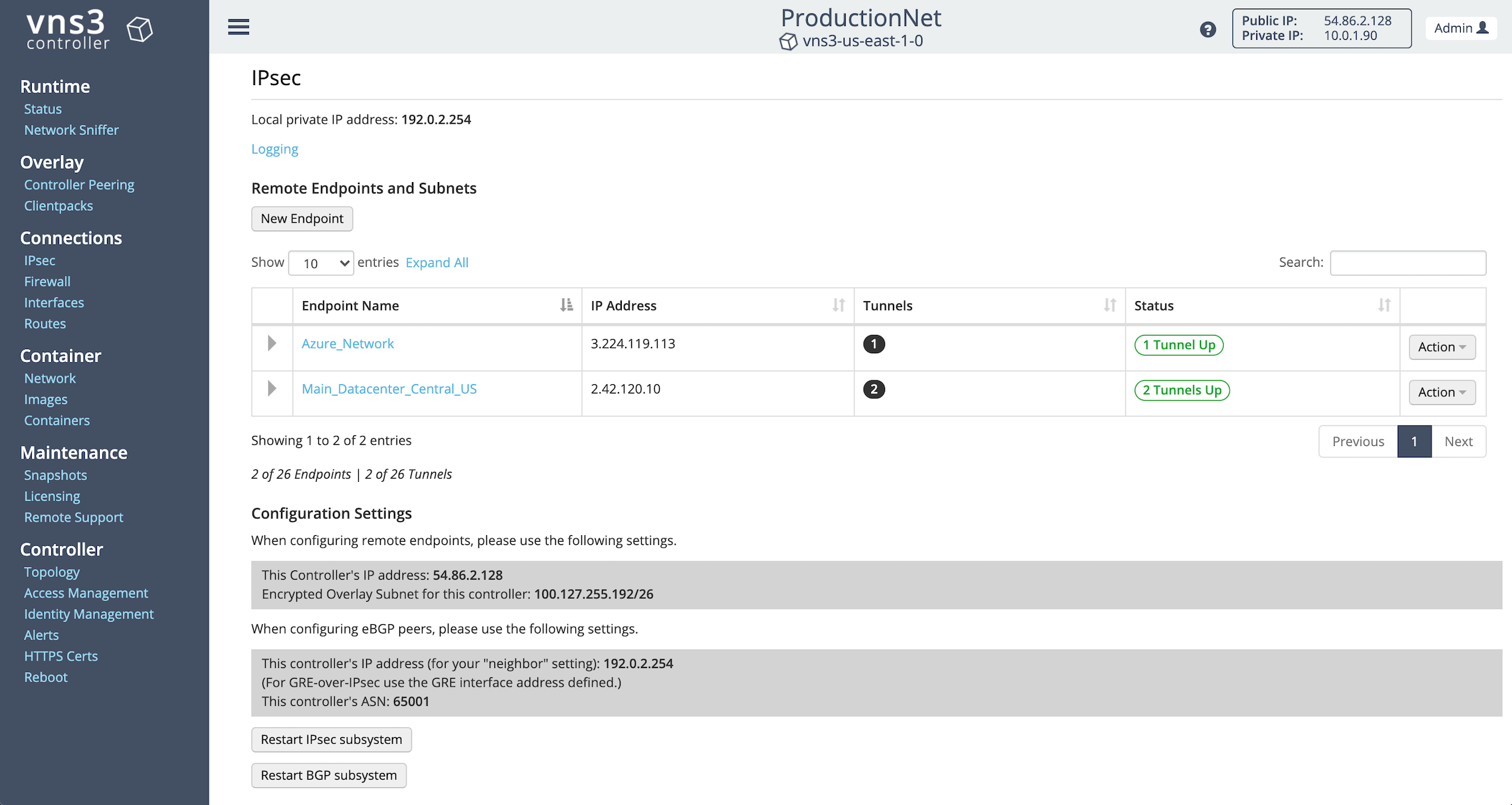 VNS3 Ipsec status page