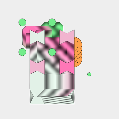 The abstract image features a geometric composition with overlapping shapes, including green circles, pink and mint-green bowtie-like forms, and an orange braided shape on the right side. The design consists of a central rectangular structure with intricate black line patterns, creating a sense of depth and layering. The color scheme combines soft pastels with bright accents, giving the piece a modern and dynamic look.