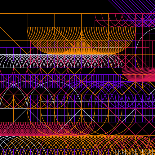 The image is a complex geometric pattern composed of intersecting lines, curves, and grids in vivid colors against a black background. The shapes primarily consist of circular arcs, rectangular grids, and intersecting lines, creating layered sections that vary in density and form intricate lattice structures. The colors alternate between orange, purple, red, and white, which enhances the visual contrast and highlights different layers and patterns within the design. The arrangement resembles a blend of architectural blueprints and abstract mathematical art, with symmetrical formations and repetitive patterns that suggest an underlying geometric sequence.