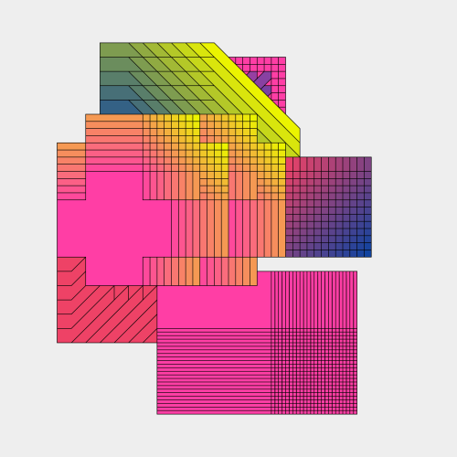 The image is an abstract geometric composition featuring multiple overlapping rectangles and squares, each filled with different colors and patterns. The color palette includes vibrant hues such as pink, orange, yellow, green, blue, and purple, arranged in gradients and blocks. Each rectangular section has its own distinct line pattern, varying from solid blocks of color to finely spaced parallel or grid lines. Some areas feature diagonal lines, while others display tightly packed horizontal or vertical lines, creating a sense of depth and complexity. The overall arrangement is asymmetrical, with a balanced yet non-uniform placement of the shapes, giving the image a dynamic, layered look. The background is plain white, highlighting the bold colors and intricate patterns of the shapes.