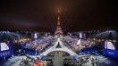  The Olympic flag is rasied at the Place du Trocadero in front of the Eiffel Tower during the Opening Ceremony of the Olympic Games Paris 2024 on July 26, 2024 in Paris, France.