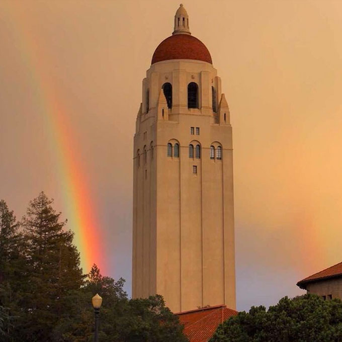 Raindow next to Hoover Tower