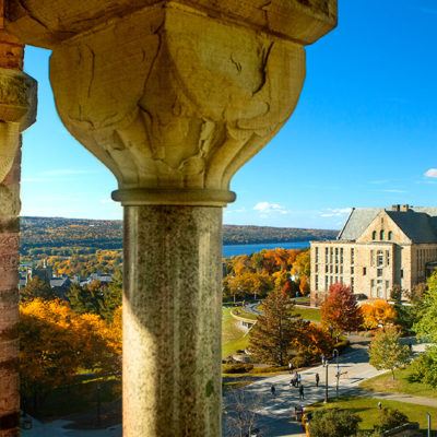 McGraw Tower, Uris Library and Ho Plaza in fall, shot from Barnes Hall.