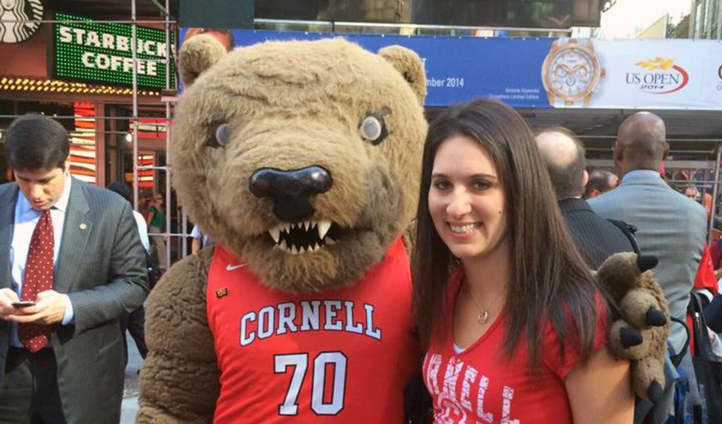 Touchdown and Marisa T. Cohen ’06 were among the many Cornellians who gathered in Times Square to celebrate the university’s sesquicentennial in September 2014.