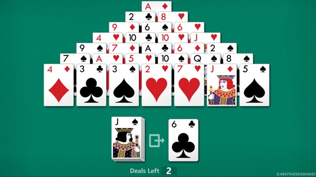 A layout of a Pyramid Solitaire game.    