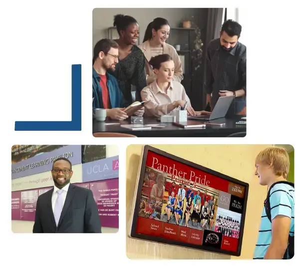 A group of teachers around a computer updating their digital signage. A principal of a school stands with a lap top. A student is looking at a screen on a wall playing school messaging and news.