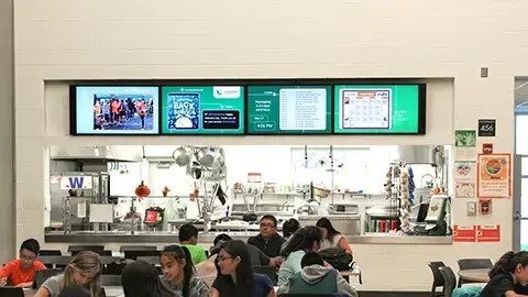 inside a school lunch room with students eating lunch at tables. The wall above the opening to the cooking area has 4 monitors in a row. The digital signage plays school news along with menu items.