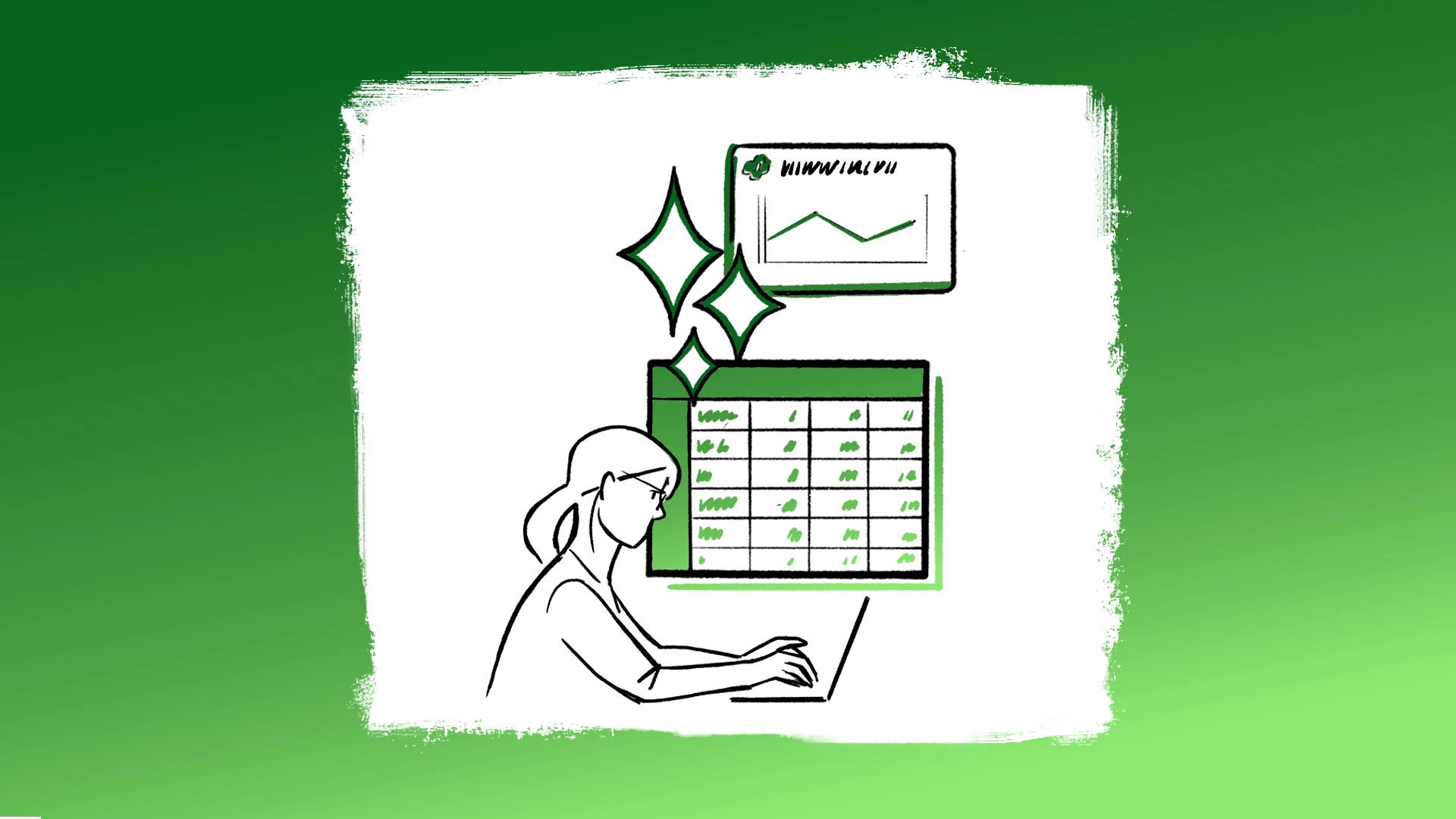 An illustration of a worker using AI on a laptop computer, with a backdrop of a chart and graph indicating company performance.