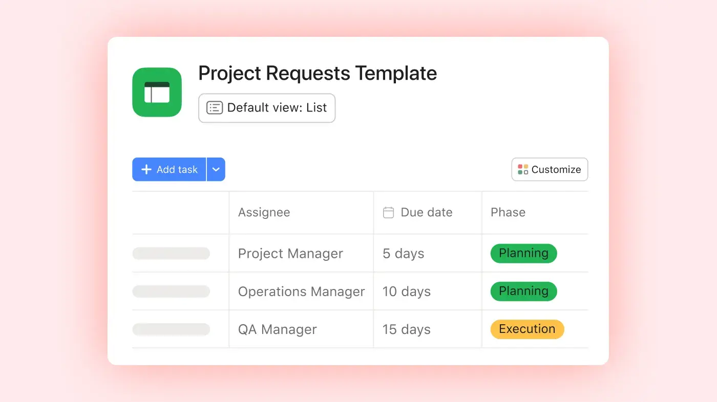 Image of two employees looking at project requests: Asana abstracted product UI