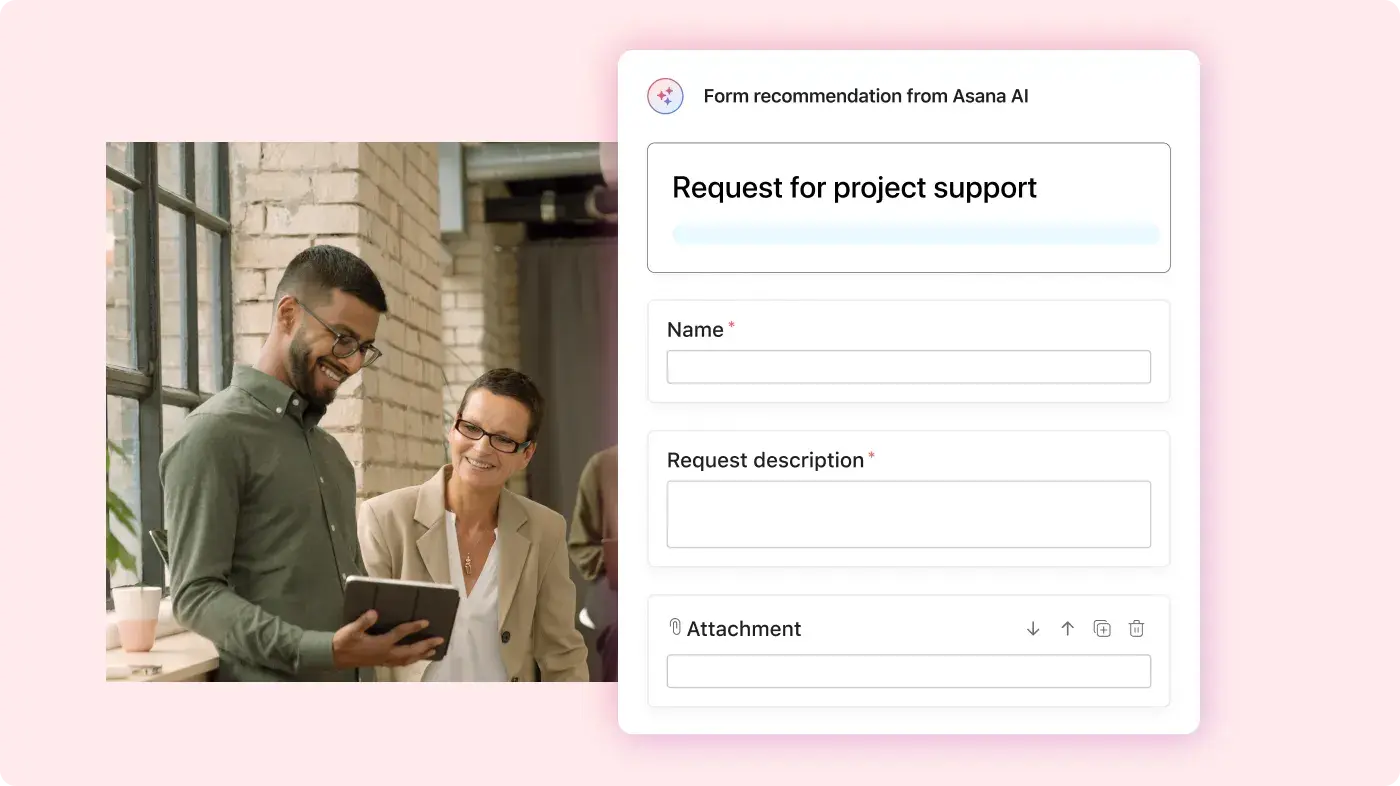 Image of two employees filling out a request for project support on Asana AI: Asana abstracted product UI