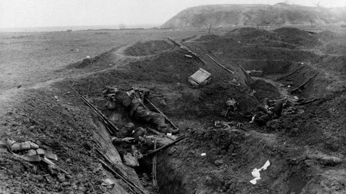 The bodies of the British soldiers lying dead in their trench during the Battle of the Somme, 1916. (Credit: Mondadori Portfolio/Getty Images)