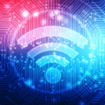 Illustration of a wifi icon on a virtual circuit grid.