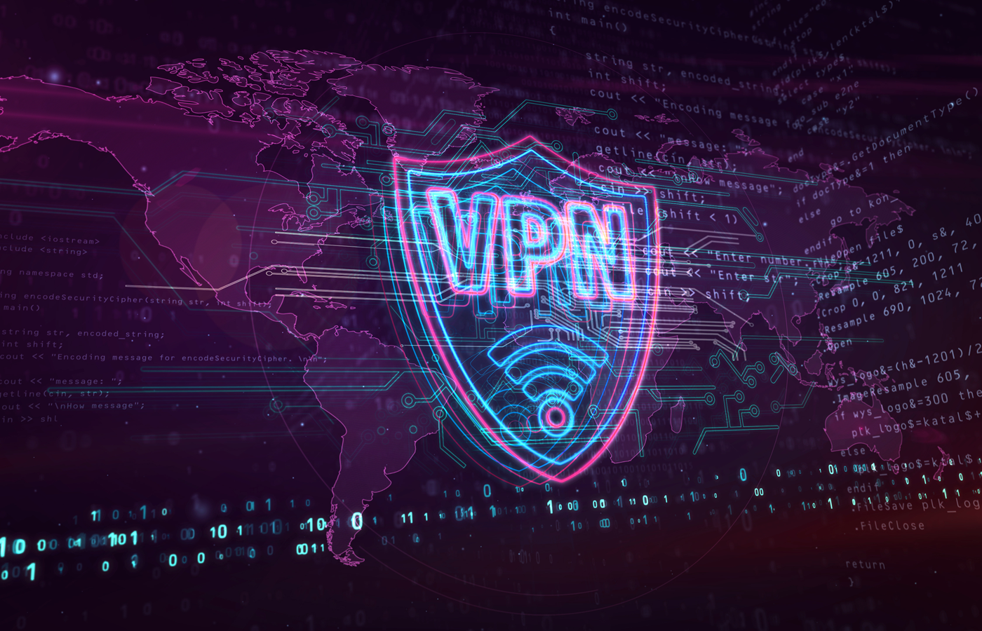 VPN neon sign on map background.