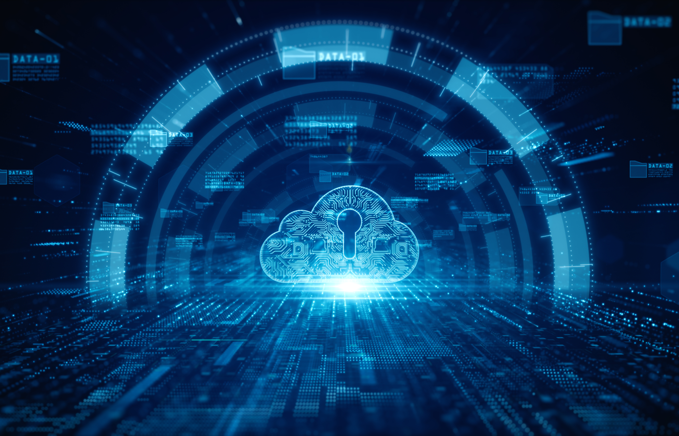 Cloud with keyhole icon and embedded with circuit on a digital environment.