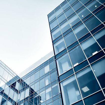 Big blue building with glass