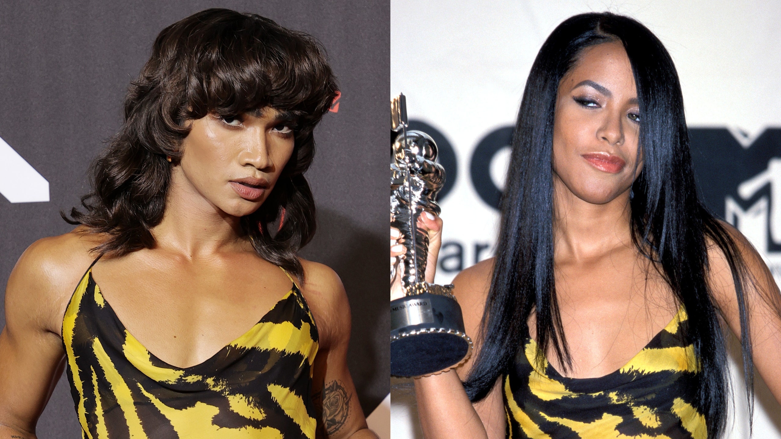 Composite featuring Bretman Rock and Aaliyah wearing the same black and yellow Cavalli dress at the MTV Video Music...