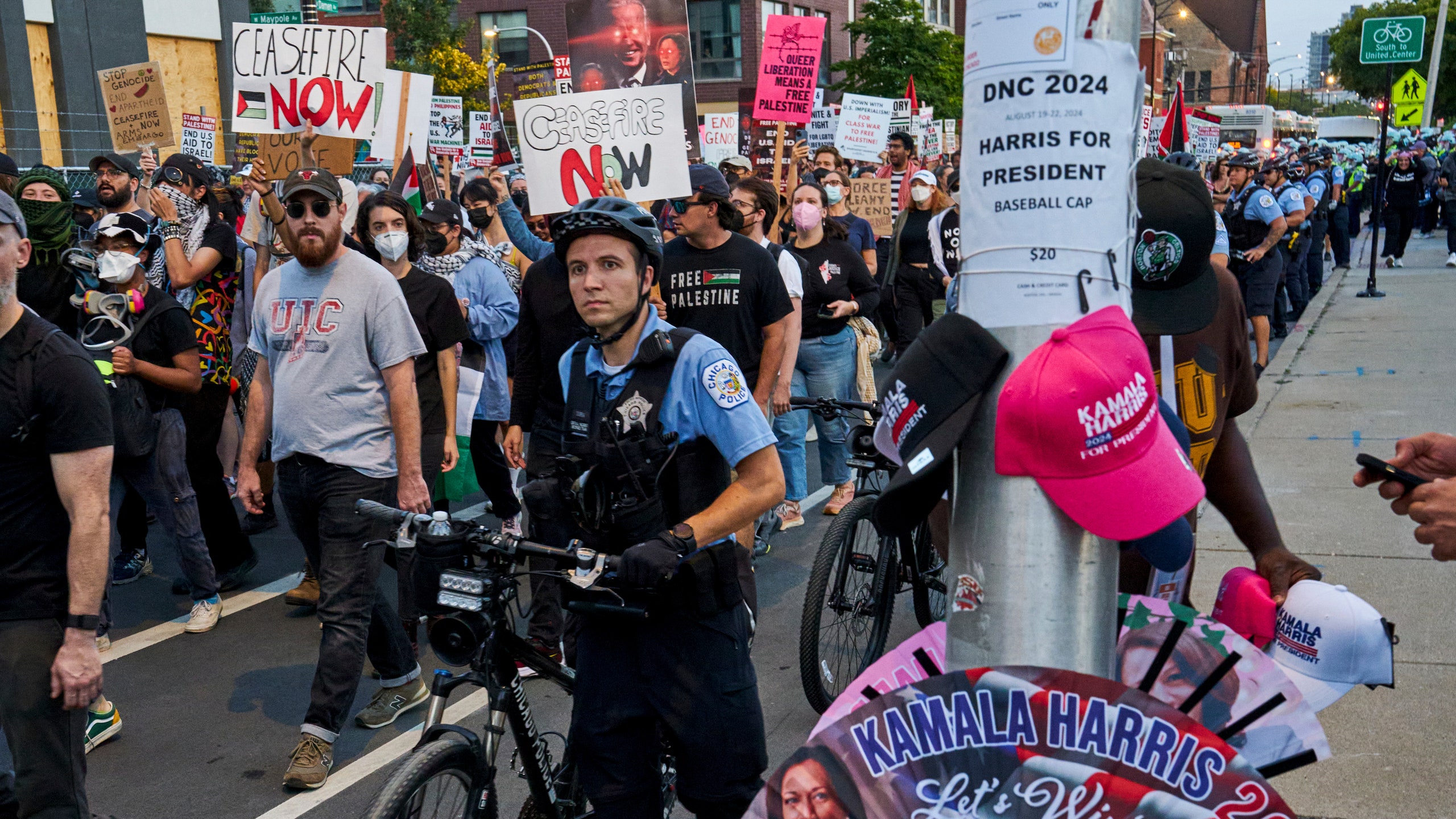 Vice President Kamala Harris merchandise for sale as proPalestinian demonstrators march during the Democratic National...