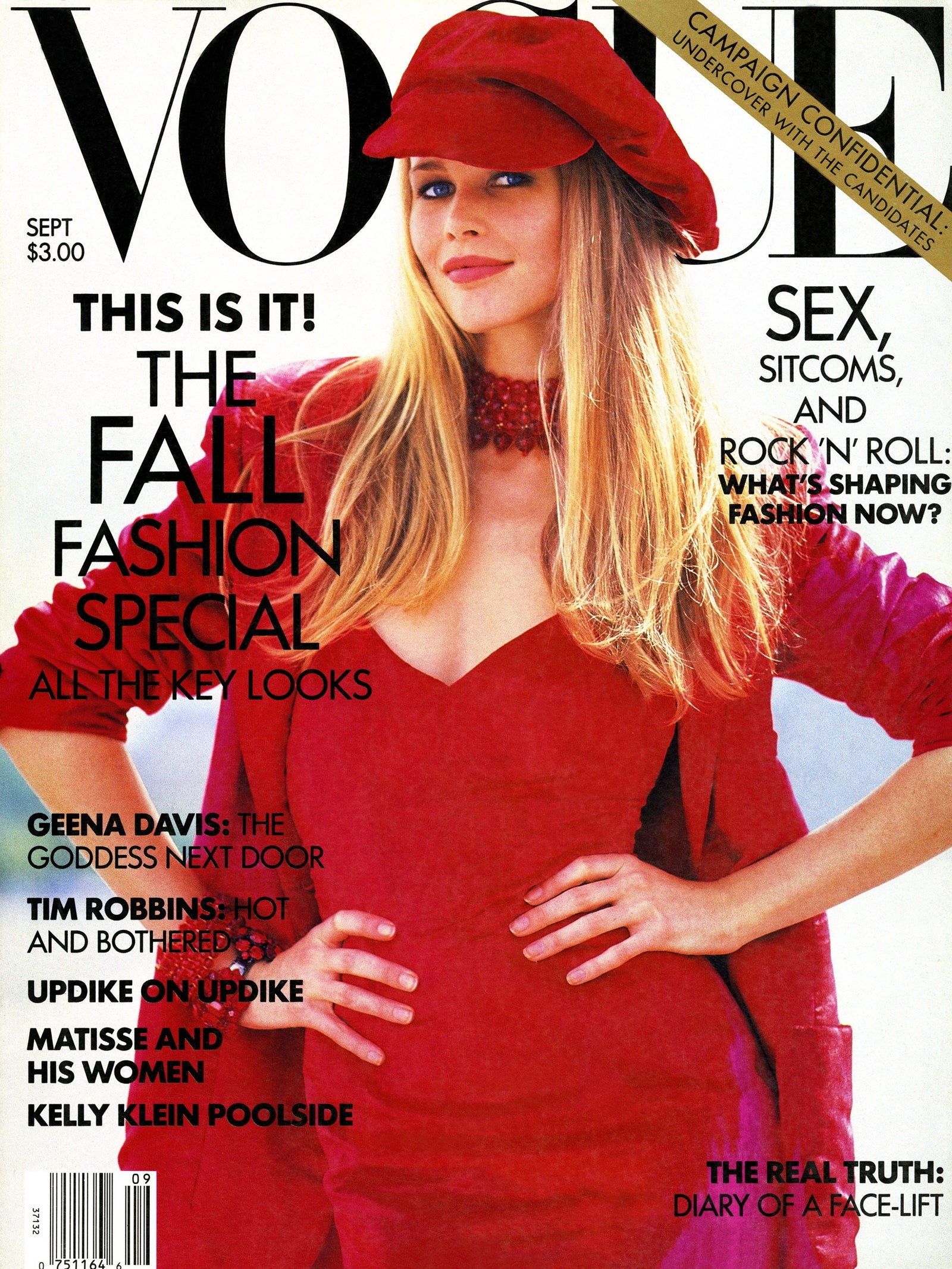 Image may contain Claudia Schiffer Publication Adult Person Magazine Clothing Hat Accessories Jewelry and Necklace