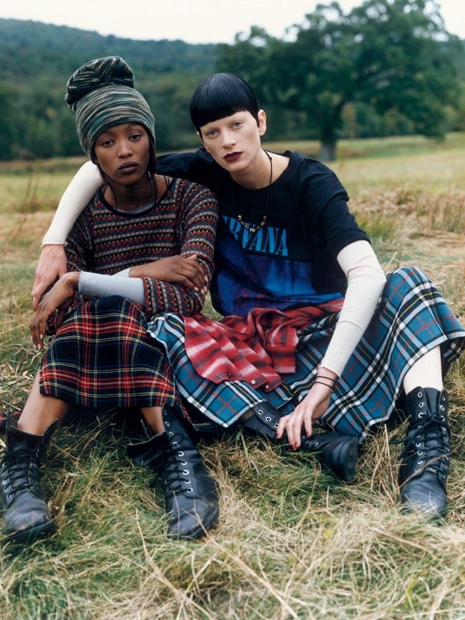 Image may contain Naomi Campbell Kristen McMenamy Clothing Skirt Person Teen Pants Tartan Blanket and Accessories