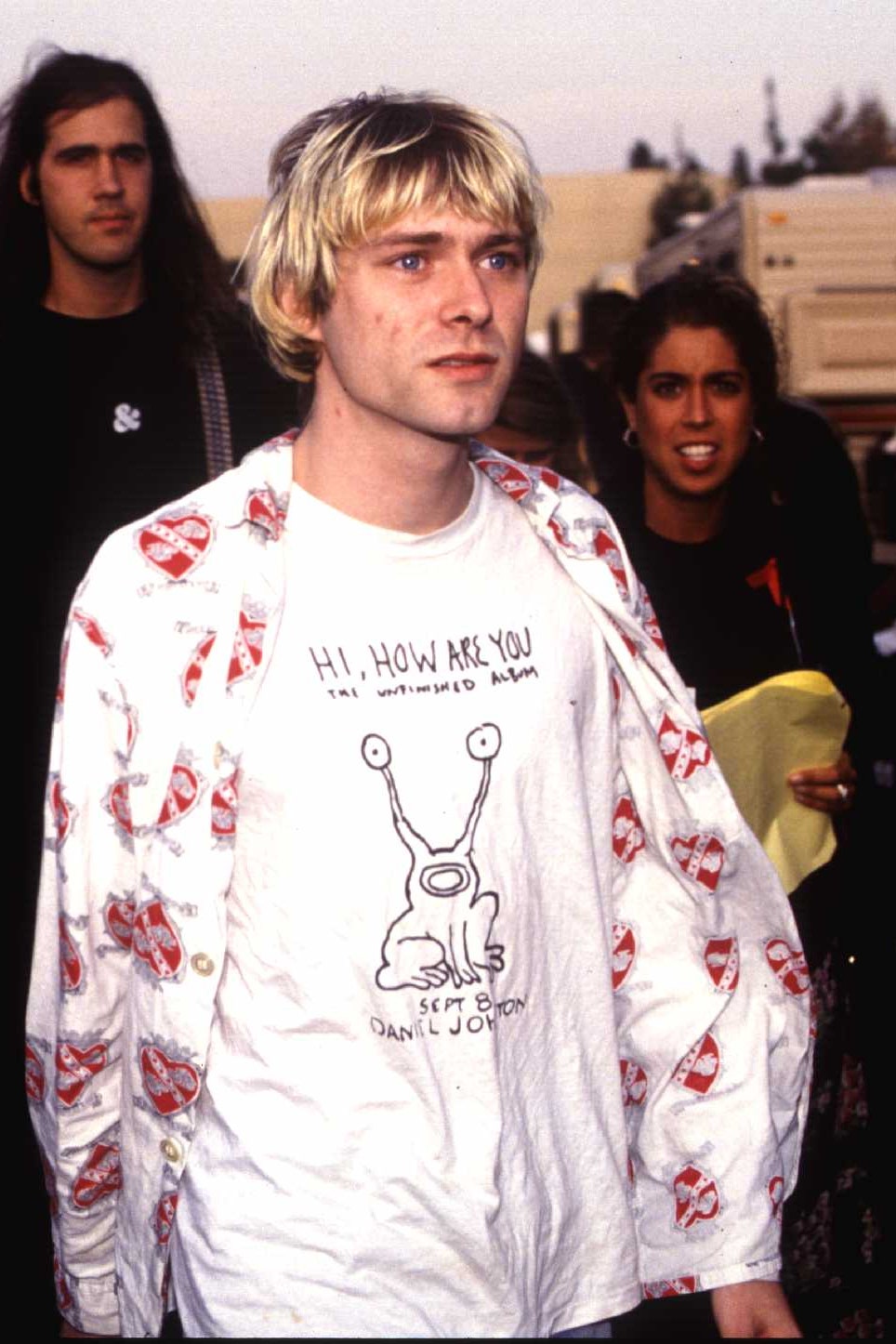 Image may contain Kurt Cobain Krist Novoselic Clothing TShirt Blonde Hair Person Adult Long Sleeve and Sleeve