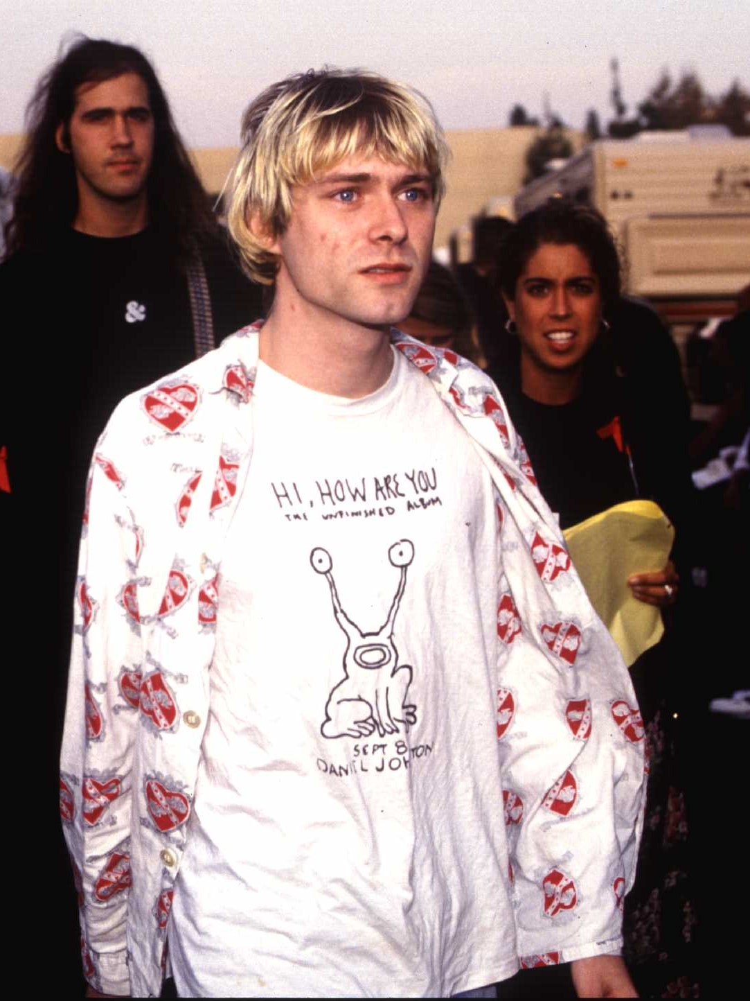 Image may contain Kurt Cobain Krist Novoselic Clothing TShirt Blonde Hair Person Adult Long Sleeve and Sleeve