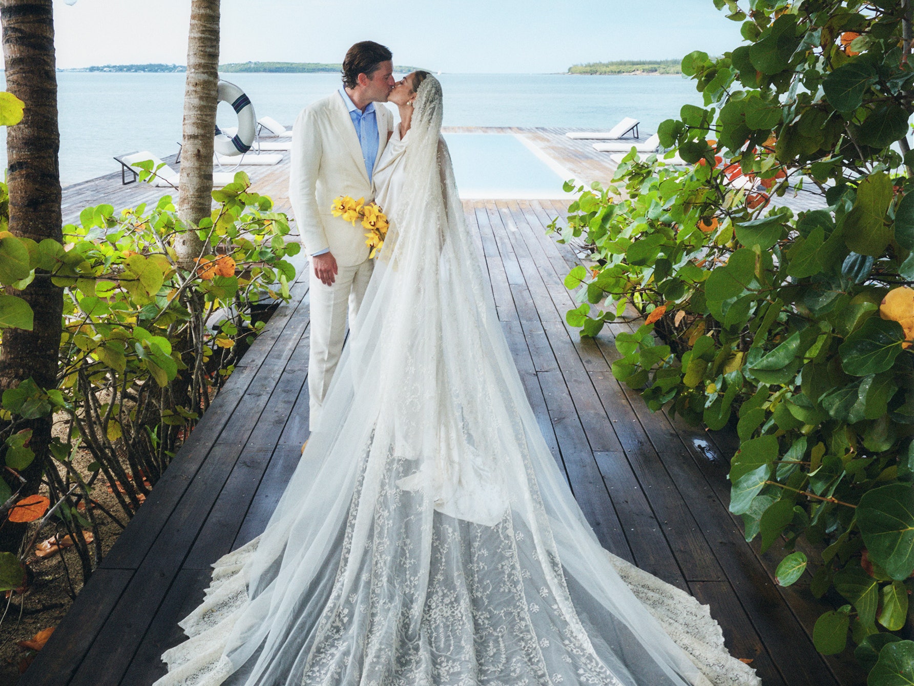 The Bride Wore a Cathedral-Length Veil with Ancestral Lace to Her Wedding on Harbour Island