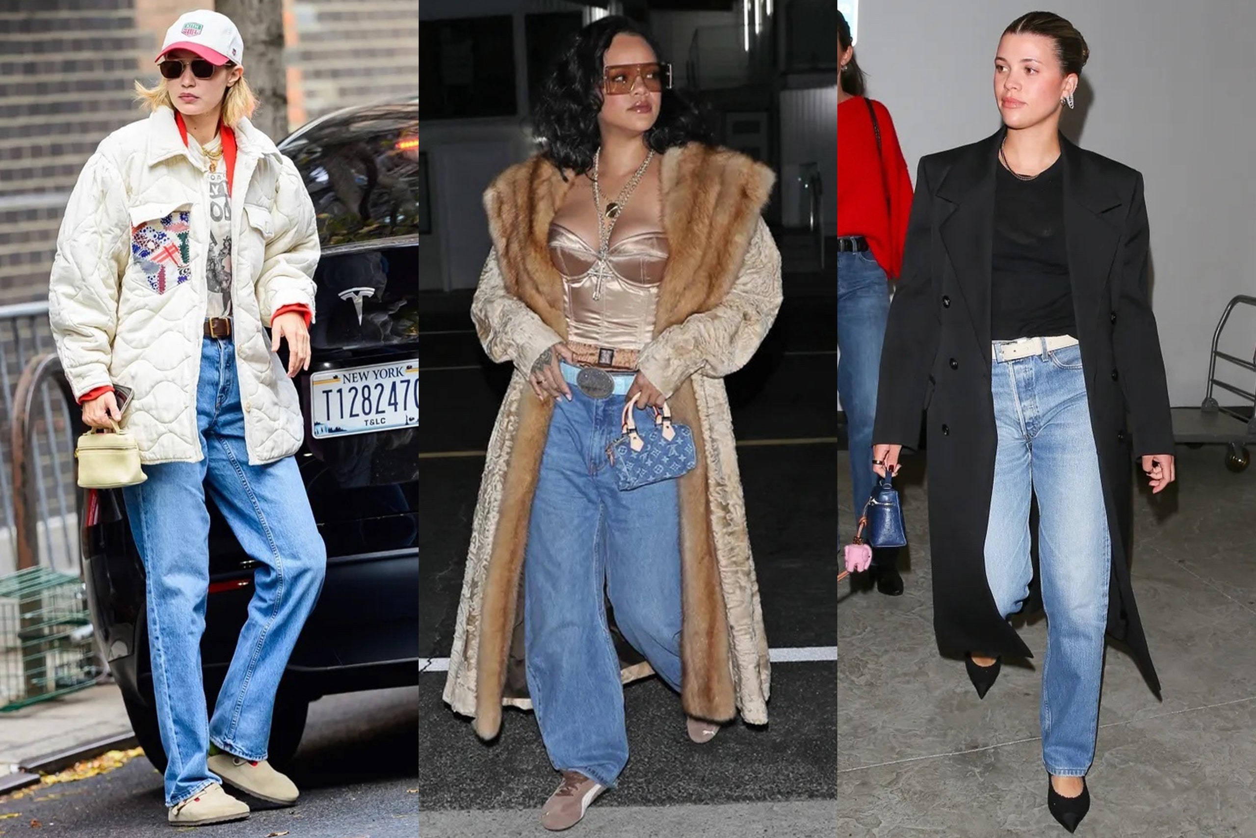 Image may contain Sofia Richie Rihanna Gigi Hadid Clothing Pants Coat Jeans Jacket Adult Person Footwear and Shoe