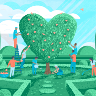 Illustration of people working together to create a heart-shaped topiary tree in a garden setting.