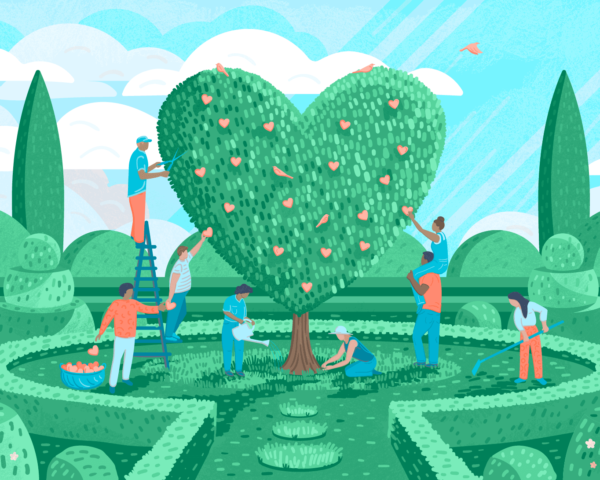 Illustration of people working together to create a heart-shaped topiary tree in a garden setting.