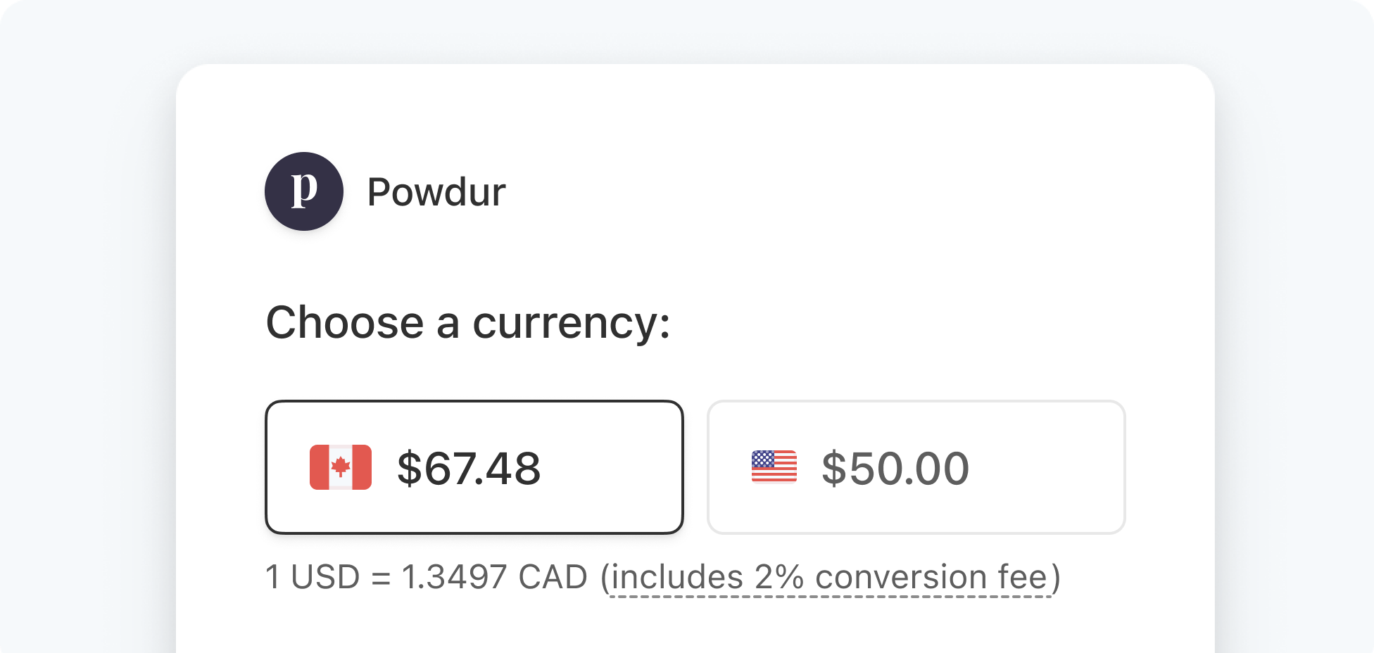 A customer in Canada views a price localized from USD to CAD