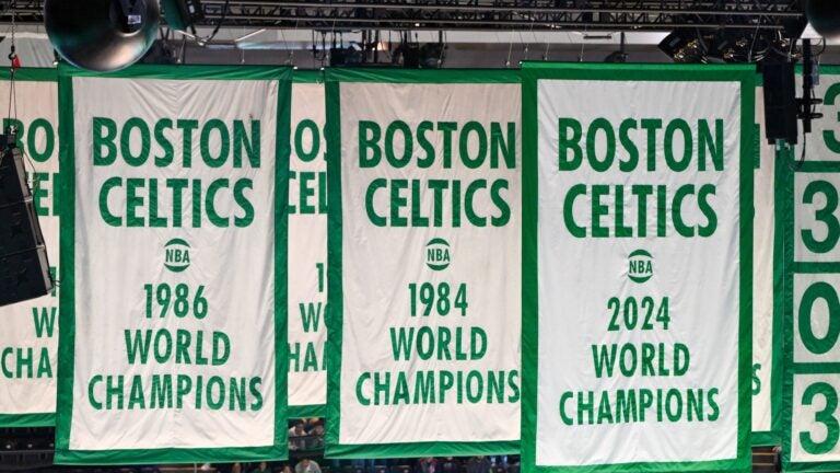 A general view of the 2024 NBA Champion Banner before a game between the Milwaukee Bucks and the Boston Celtics at the TD Garden on October 28, 2024 in Boston.