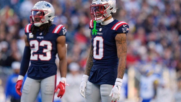 New England Patriots cornerback Christian Gonzalez (0) during the second half of an NFL football game, Sunday, Nov. 17, 2024, in Foxborough, Mass.