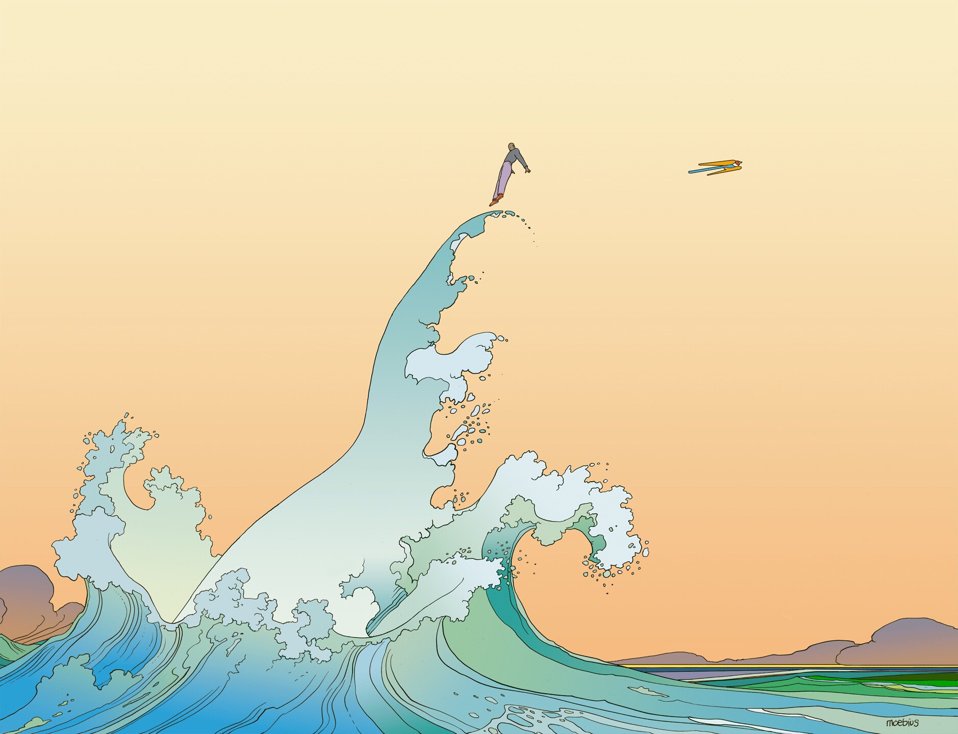 Reference illustration: A huge wave splashing at the top of which is a soaring man. A long bird with blue body and orange wings is next to him in the orange sky.