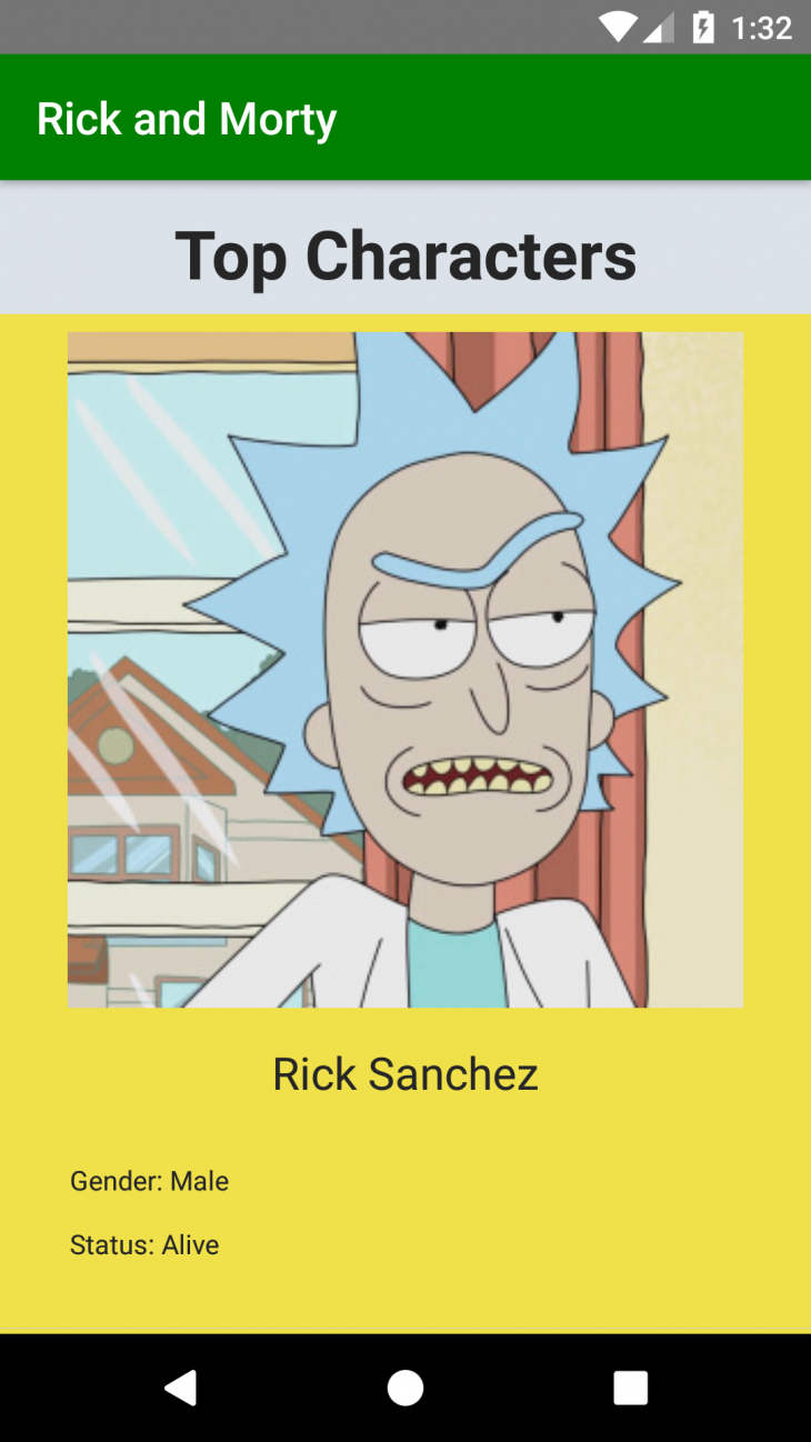 app showing a picture of rick sanchez with "name: rick" and "status" living"