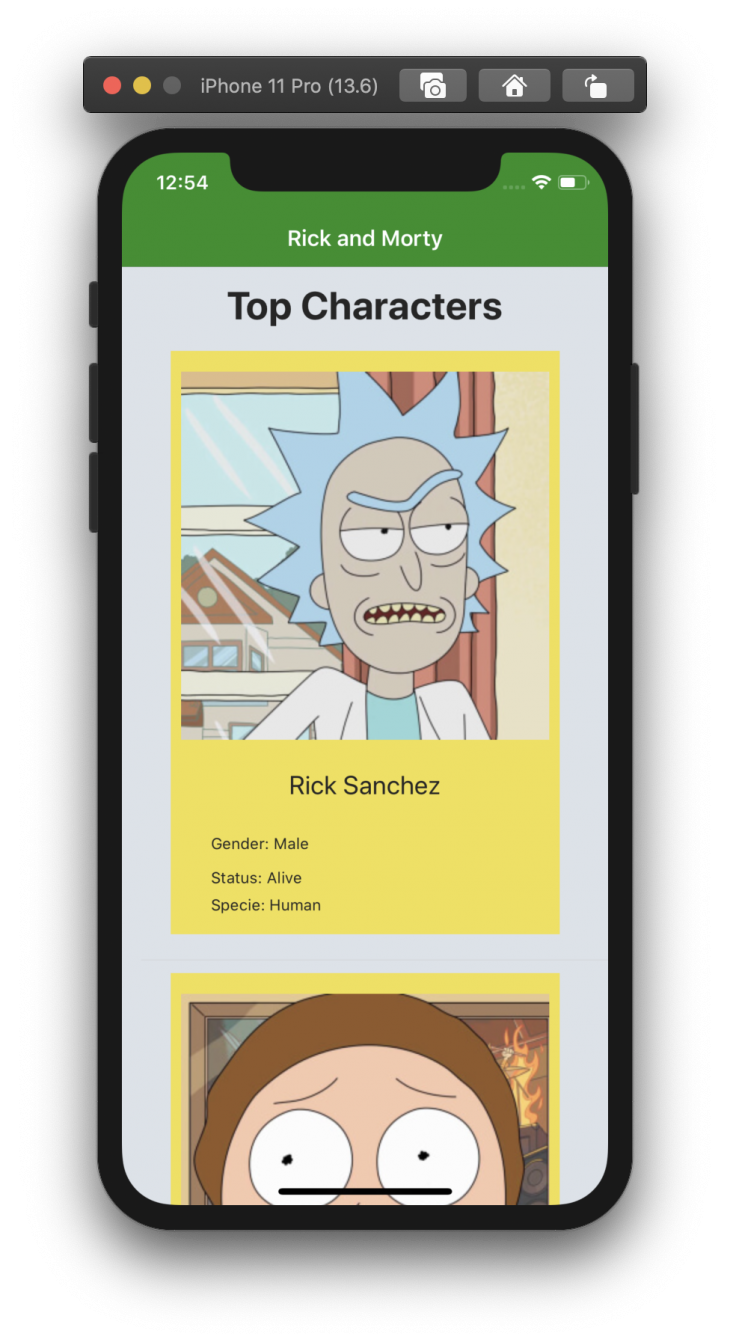 iphone emulator showing image of rick sanchez from rick and morty 