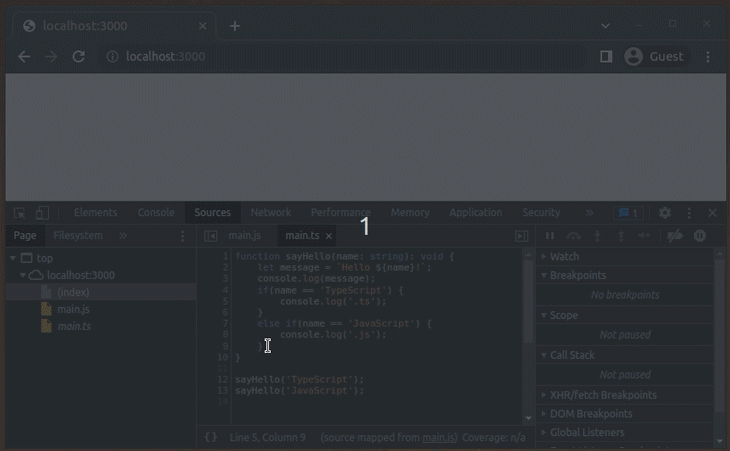 Setting a breakpoint in a TypeScript source file