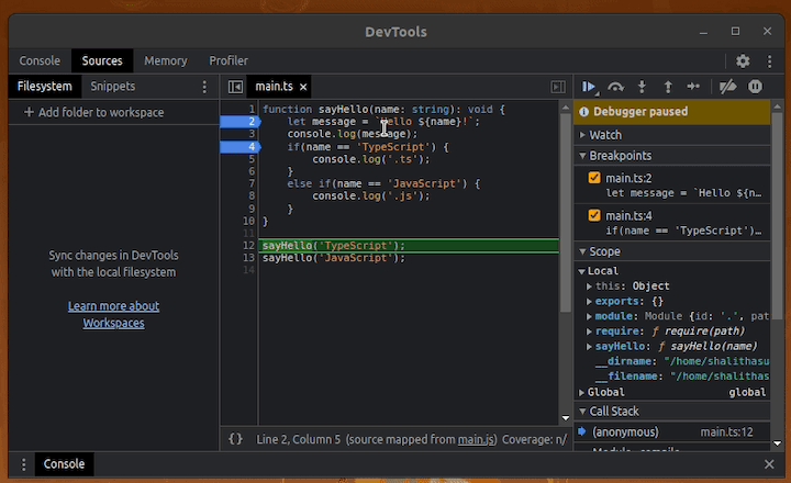 Using Chrome and Terminal to Debug TypeScript File