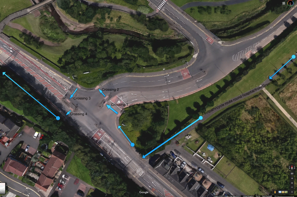 Anotated map showing the crossings