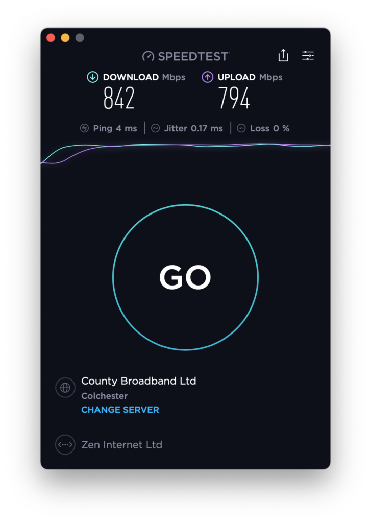 Speed test result showing download 842Mps, upload 794Mbps, ping 4ms.