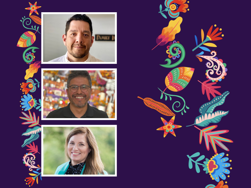 Photographs of three Hispanic Verisign employees on a dark purple background.