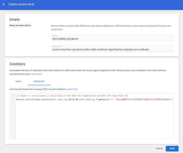 admin console screen to configure context-aware access rules