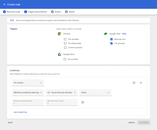 DLP nas regras do Chat no Admin Console