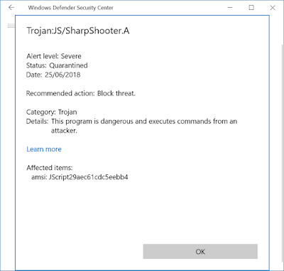 Dialog showing Windows defender blocks DotNetToJScript through AMSI.