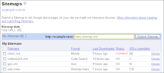 A sample Webmaster Tools account with Sitemaps