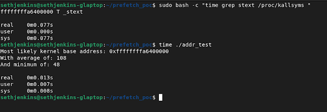 Breaking KASLR with Prefecth: Grepping through kallsyms took .077 seconds while using the prefetch technique took .013 seconds