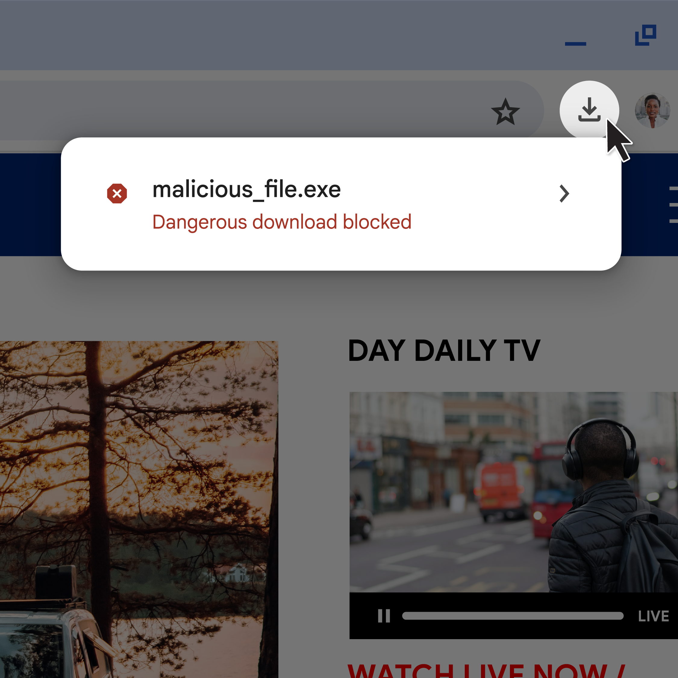 Image asset of Chrome browser with zoom in of download tray showing a notification that a dangerous file was blocked from being downloaded.