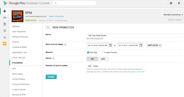 Create promo codes for your apps and in-app products in the Google Play Developer Console