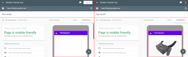 A comparison showing the old and the new mobile-friendly test. The old mobile-friendly test rendered a blank page and the new one renders the page correctly