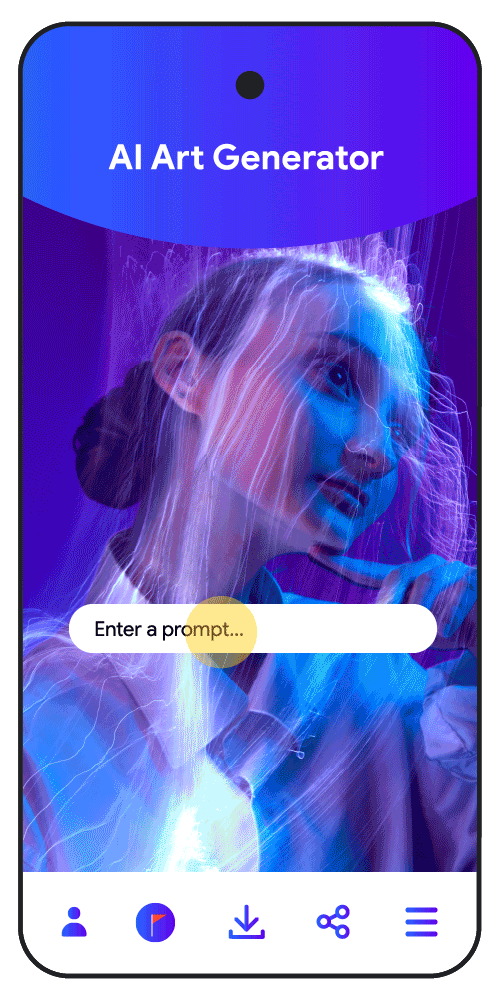 Moving image of AI Art Generator app UI experience on an Android mobile device