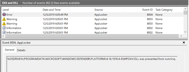 Failing DLL load in audit log showing it tried to load %OSDRIVE%\PROGRAMDATA\MICROSOFT\WINDOWS DEFENDER\PLATFORM\4.18.1910.4-0\MPOAV.DLL